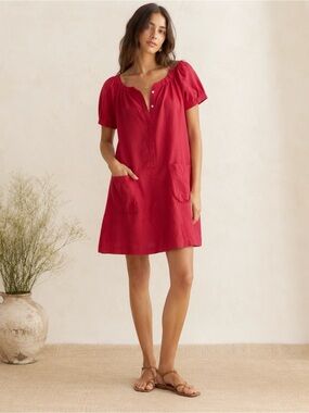 dRA Los Angeles Woman Red Linen Relax Dress SMALL Country Farmhouse Boho Classic